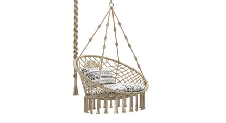 Poster - Isolated macrame hanging chair with white cushion and tassels against a transparent background Ideal for interior design concepts