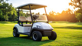 A golf cart parked on lush green grass, illuminated by the warm glow of the setting sun, with a scenic golf course in the background