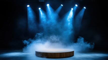 Poster - Round stage lit by intense spotlight, swirling smoke in center, theatrical mood