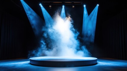Poster - Round stage lit by intense spotlight, swirling smoke in center, theatrical mood