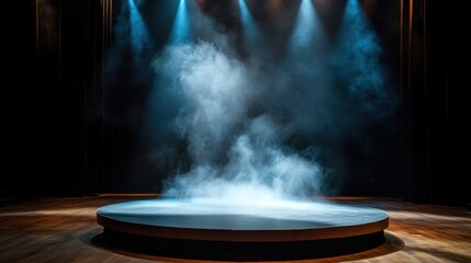 Poster - Round stage lit by intense spotlight, swirling smoke in center, theatrical mood