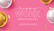 © Zeinous - Happy work anniversary pink clipart background. Company greeting celebration card with balloons decoration elements in pink clip art template vector illustration.