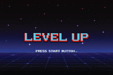 Aufkleber - LEVEL UP. pixel art .8-bit game. Retro Futurism Sci-Fi Background. glowing neon grid. and stars from vintage arcade computer games