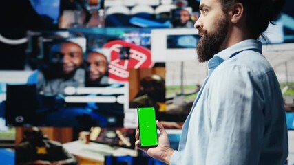 Poster - Male web user navigates phone with copy space for social media platforms, showcasing creativity and mobile technology to ensure online connection for entertaining activity. Camera B.
