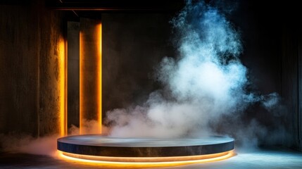 Poster - Smoke rising around circular stage with moody lighting and shadow contrast