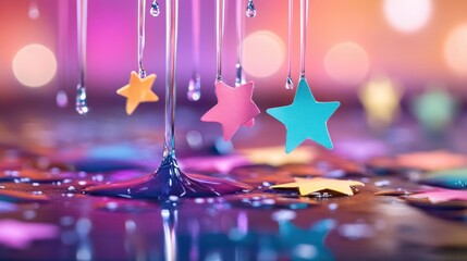 Fototapete - Surreal composition of dripping liquid in vibrant hues with scattered paper stars and light reflections
