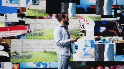 Poster - Young user enjoying online web connection on applications, highlighting real time engagement, online presence and digitalization as essential elements of communication. Camera B.