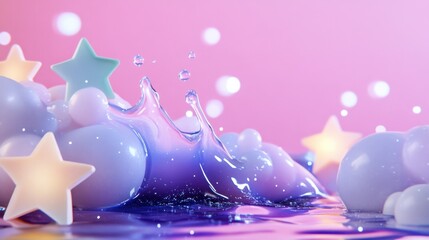 Fototapete - Thick iridescent liquid melting over a ledge with glowing paper stars on a cosmic pink backdrop