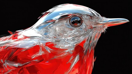 Poster - Vivid abstract rendering of a bird with metallic silver feathers and crimson body on a black background