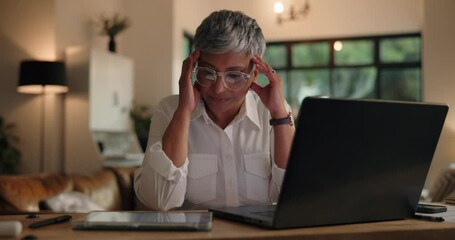 Aufkleber - Headache, laptop and tablet with remote work woman in home for evening burnout or problem solving. Computer, mistake and night with mature freelancer in apartment for small business deadline