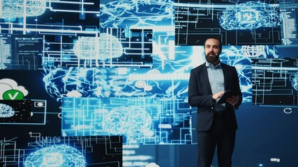 Poster - IT engineer hosting public speaking event to present new AI tech tools, showcasing neural networks brain system for automation. Businessman speaker gives pitch for deep learning. Camera B.