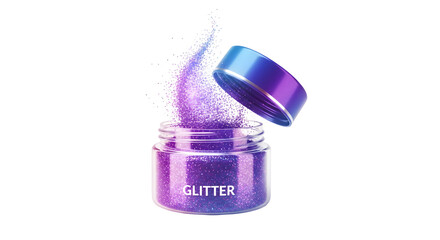 Poster - Purple Glitter Exploding from Jar with Blue Lid Isolated on Black Background
