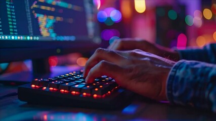 Night Coding Session: Programmer Typing on Illuminated Keyboard with glowing screen displaying lines of code in a dimly lit room