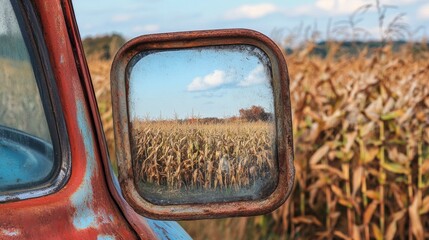 Wall Mural - Rusty side mirror reflects autumn cornfield.