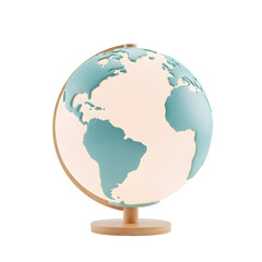 Poster - Three-Dimensional Globe with Light Pink Landmass and Blue-Green Oceans on Wooden Stand Transparent Background