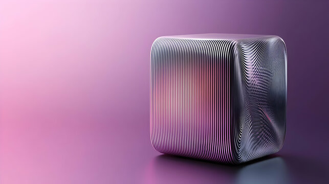 Abstract metallic cube on a gradient background.  A smooth, sculpted cube with a metallic finish sits on a soft, gradient background of purple tones.  Delicate, rippled lines on the cube's