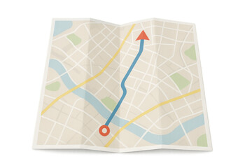 Fototapete - Paper city map folding, revealing route marked with red arrow on transparent surface, supporting travel navigation and planning