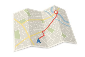 Poster - Folded paper city map showing route with location pin on transparent background, perfect for travel and navigation concepts