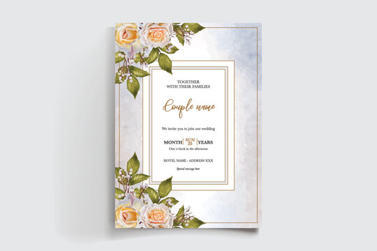 WEDDING INVITATION FRAME WITH FLOWER DECORATIONS AND FRESH LEAVES