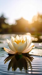 Wall Mural - Floating white water lily blossom reflecting in pond with sunlight, serene and meditative atmosphere, tranquil water garden scene