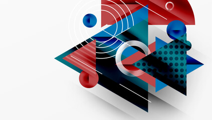 Fototapete - Abstract geometric composition. Overlapping shapes, lines create dynamic visual effect. Red, blue dominate palette. Modern design.
