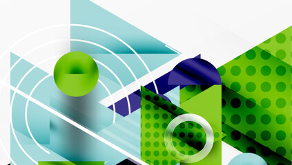 Poster - Abstract geometric composition. Blue, green hues dominate. Circles, squares overlap creating dynamic visual effect. Modern design elements present.