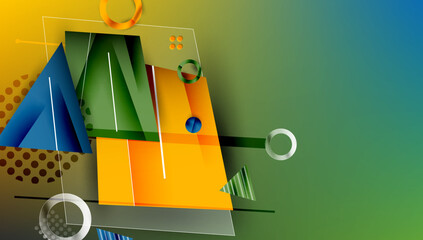 Poster - Abstract geometric composition. Shapes overlap, creating dynamic visual effect. Colors blend, forming gradient background. Modern design elements present.