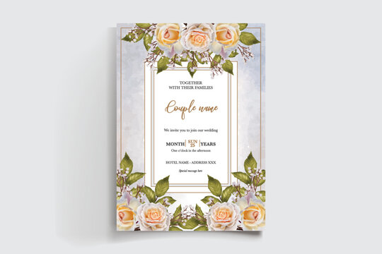 WEDDING INVITATION FRAME WITH FLOWER DECORATIONS AND FRESH LEAVES