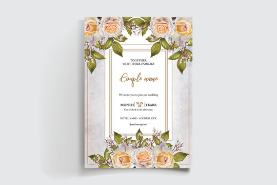 WEDDING INVITATION FRAME WITH FLOWER DECORATIONS AND FRESH LEAVES