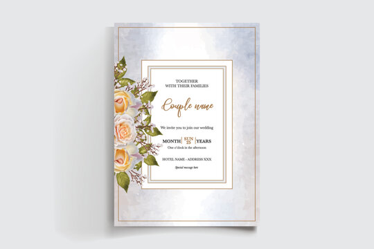 WEDDING INVITATION FRAME WITH FLOWER DECORATIONS AND FRESH LEAVES