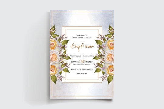 WEDDING INVITATION FRAME WITH FLOWER DECORATIONS AND FRESH LEAVES