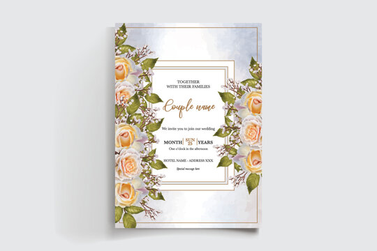 WEDDING INVITATION FRAME WITH FLOWER DECORATIONS AND FRESH LEAVES