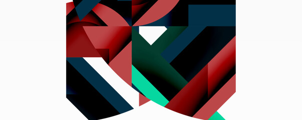 Poster - Abstract geometric shapes overlap, creating dynamic composition. Red, teal, dark shades dominate design. Minimalist aesthetic.