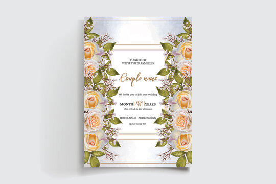 WEDDING INVITATION FRAME WITH FLOWER DECORATIONS AND FRESH LEAVES