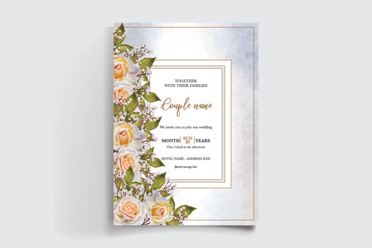 WEDDING INVITATION FRAME WITH FLOWER DECORATIONS AND FRESH LEAVES