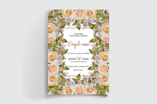 WEDDING INVITATION FRAME WITH FLOWER DECORATIONS AND FRESH LEAVES