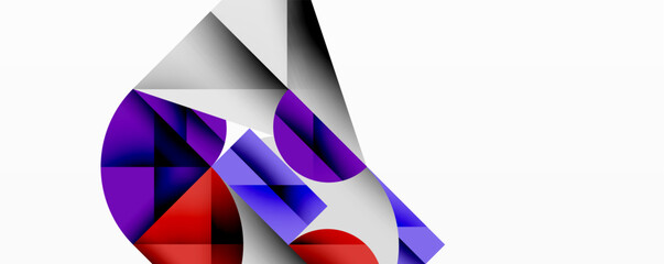 Poster - Abstract geometric shapes overlap, creating dynamic composition. Red, purple, silver tones dominate white background. Modern design.