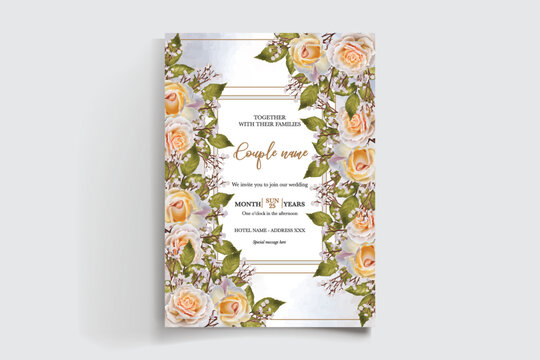 WEDDING INVITATION FRAME WITH FLOWER DECORATIONS AND FRESH LEAVES