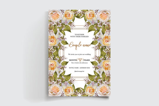WEDDING INVITATION FRAME WITH FLOWER DECORATIONS AND FRESH LEAVES