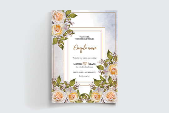WEDDING INVITATION FRAME WITH FLOWER DECORATIONS AND FRESH LEAVES