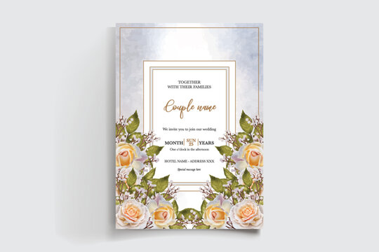 WEDDING INVITATION FRAME WITH FLOWER DECORATIONS AND FRESH LEAVES