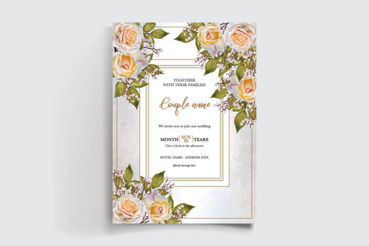 WEDDING INVITATION FRAME WITH FLOWER DECORATIONS AND FRESH LEAVES