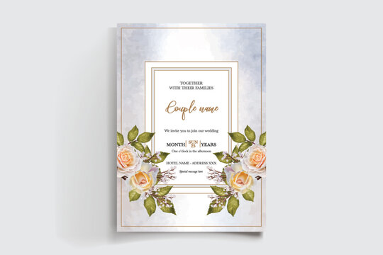 WEDDING INVITATION FRAME WITH FLOWER DECORATIONS AND FRESH LEAVES
