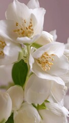 Wall Mural - Close-up view of flowering jasmine plant with delicate white petals, buds and green stem in soft natural lighting.