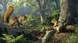 © affan - Two squirrels interact in a sun-drenched forest, sharing nuts.  Detailed portrayal of woodland creatures.  Natural light, lush foliage, and a rustic woodland scene