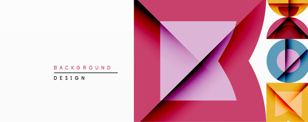 Poster - Abstract geometric composition. Pink, purple hues dominate design. Overlapping triangles, squares create layered effect. Minimalist style, clean lines, modern aesthetic. Right side features stacked ci