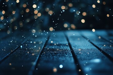 Poster - vibrant blue bokeh lights create a magical atmosphere with shimmering droplets on dark wood, blue bo