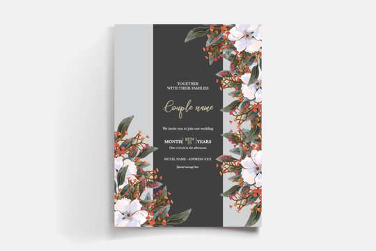 WEDDING INVITATION FRAME WITH FLOWER DECORATIONS AND FRESH LEAVES