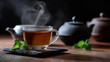 © Curioso.Photography - Hot cup of tea with fresh mint leaves on wooden table next to traditional teapots.