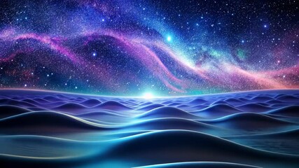 Wall Mural - Wavy landscape under a starry sky with colorful nebulae and distant sun